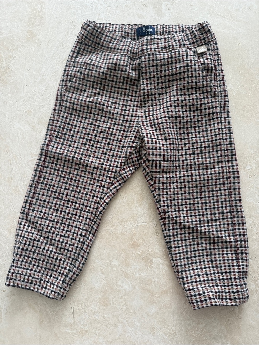 Il Gufo Plaid Pull-On Kids Pants in Brown, cream & Burgundy size 2 like new!